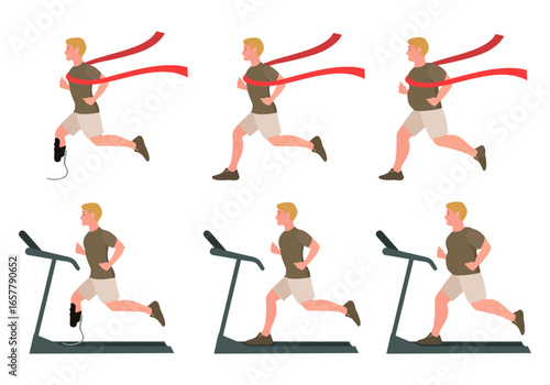 Man runner. Running man. Overweight man. Man with a prosthetic leg. Running on a treadmill. Flat style.