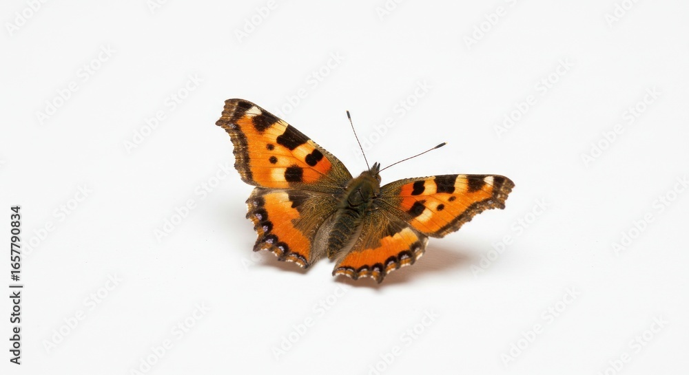 Fototapeta premium A small tortoiseshell butterfly rests on a white background wings spread open