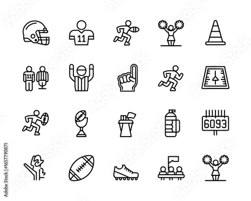 American football icons set featuring players and equipment