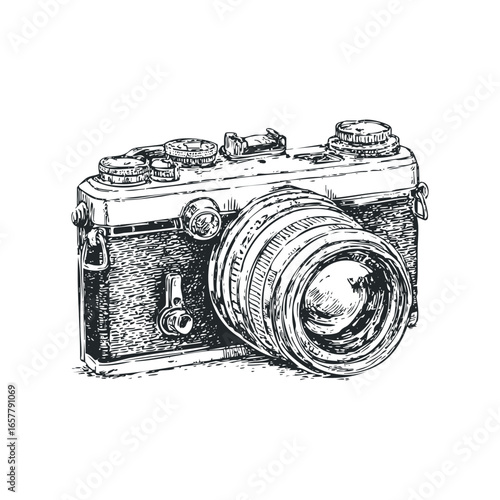 Sketch of an old-fashioned manual film camera with intricate dials and a large lens