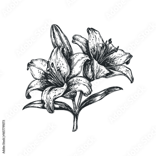 Hand-drawn sketch of blooming lily flowers with detailed petals and leaves