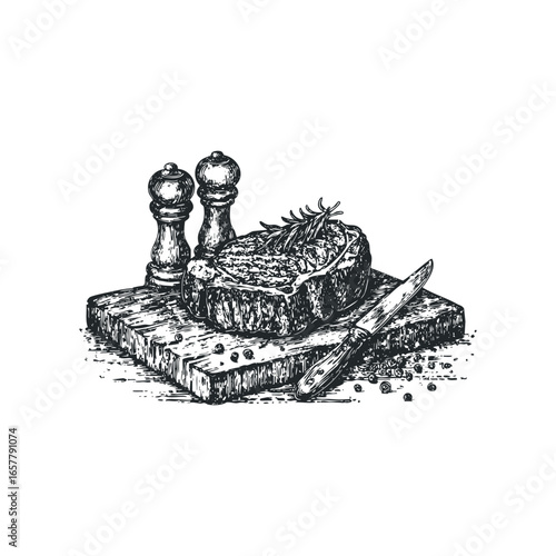 Hand-drawn sketch of a cooked steak with rosemary and seasonings on a wooden board