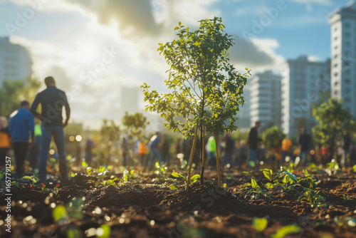Enthusiastic volunteers plant trees and greenery in a bustling urban park under a bright, sunny sky, fostering community and nature