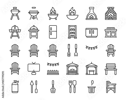 Outdoor living and grilling icons set