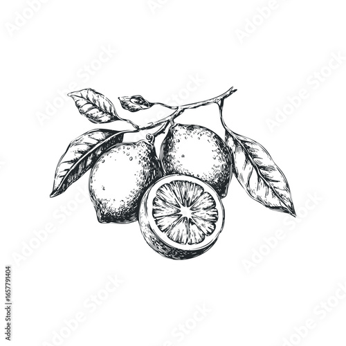 Detailed sketch of ripe lemons with leaves and a sliced fruit on a branch