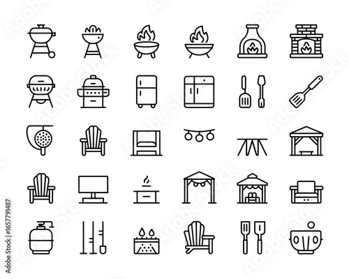 Outdoor living and grilling icons set