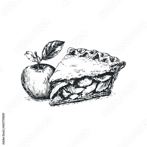 Hand drawn slice of apple pie with whole apple