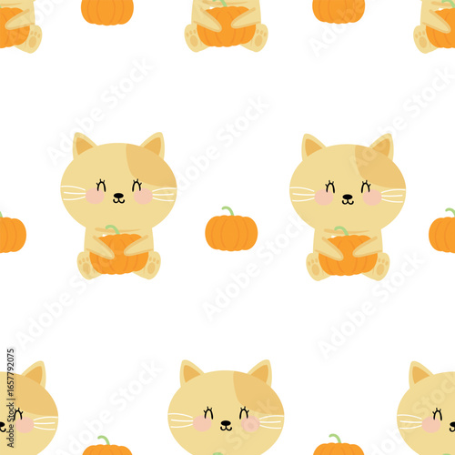Wallpaper Mural Seamless pattern cartoon cat with autumn vibes. cute autumn fall wallpaper for fabric print, gift wrapper Torontodigital.ca