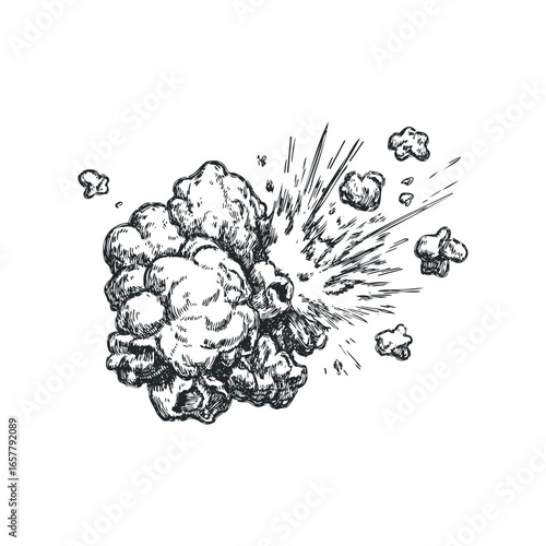 Hand drawn sketch of a dramatic explosion with fragmented debris