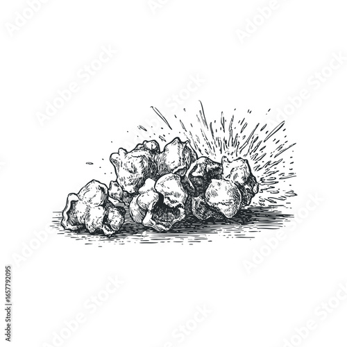 Hand drawn cluster of popcorn with exploding kernels
