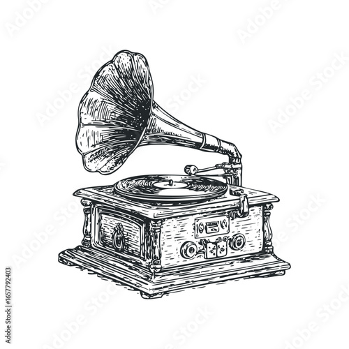 Antique gramophone playing a record with a trumpet horn