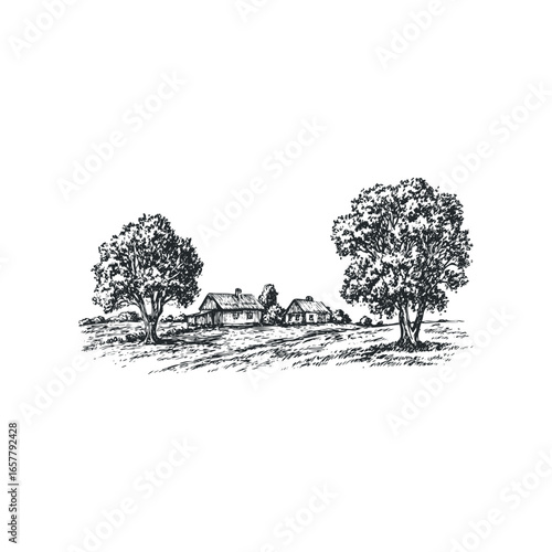Sketch of rustic country houses with trees and grassy field