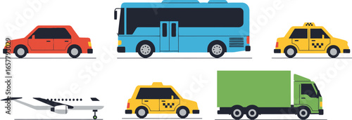 Diverse transportation fleet including car, bus, taxi, plane, and truck