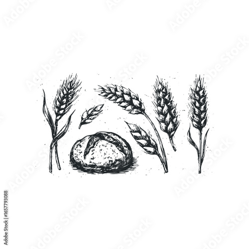 Hand Drawn Wheat Stalks and Loaf of Bread