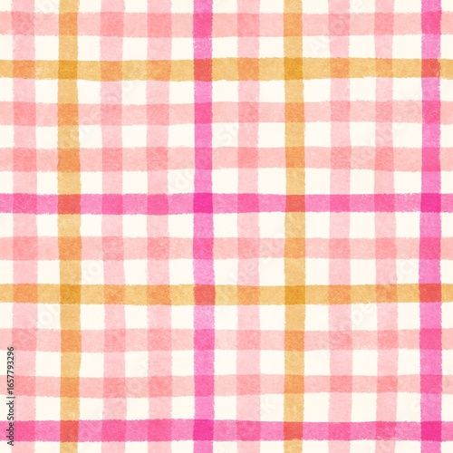 Seamless gingham plaid check pattern in multiple color variations including red, green, orange, pink, and yellow. A classic woven fabric style that brings a timeless and cheerful look to textiles, fas