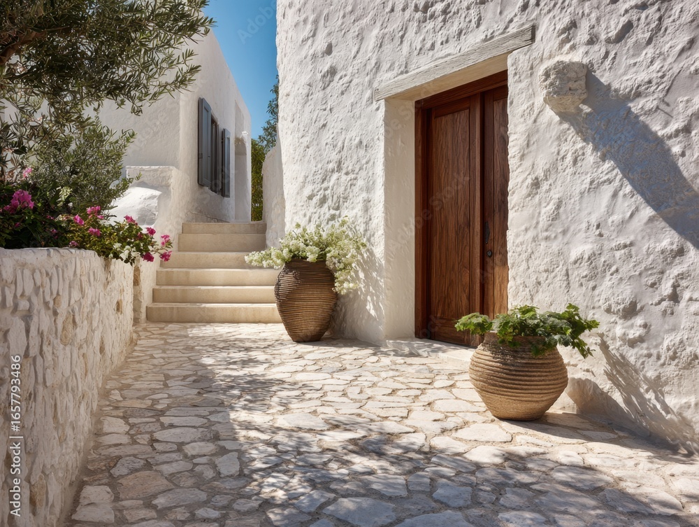 Naklejka premium A white house with a stone wall and a stone walkway. There are two vases on the walkway, one on the left and one on the right