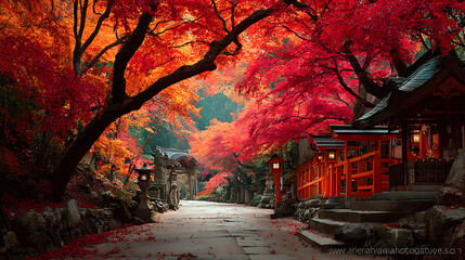 Fotobehang Hotel Japanse tempel met rode herfstbladeren  © umer