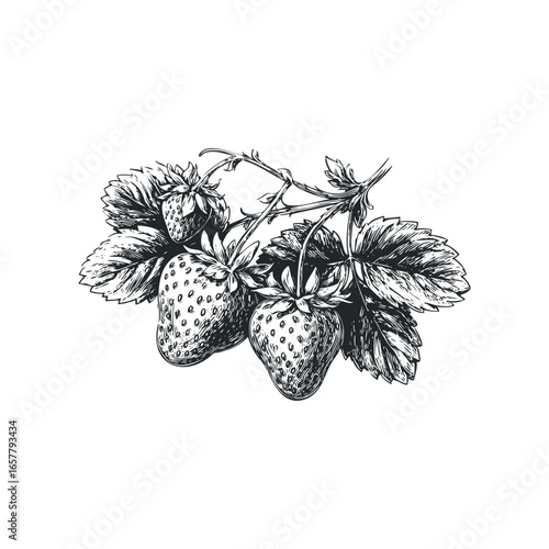Vintage Hand Drawn Strawberry Branch with Leaves and Stems