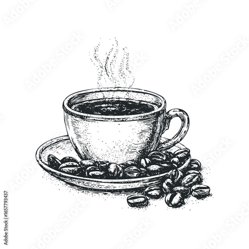 Detailed ink sketch of a steaming cup of coffee with scattered coffee beans on a saucer