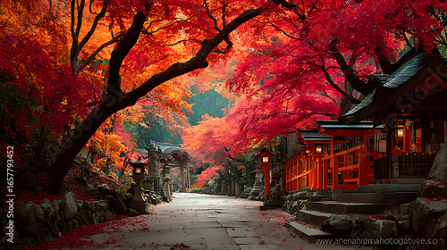 Autumn japan temple red leaves landscape peaceful scenic travel destination photography wallpaper background
