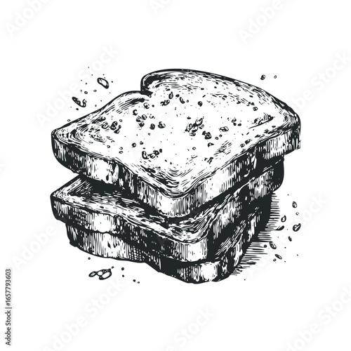 Hand Drawn Stacked Slices of Bread with Crumbs