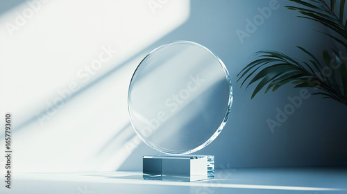 Empty acrylic award design mockup, blank glass trophy mockup. Template for a transparent crystal prize plate