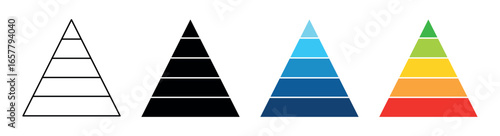 Colored levels of triangular pyramid. Maslow hierarchy of needs, triangle pyramid chart steps, pyramid layer diagram with rounded and sharp corners. Vector illustration .