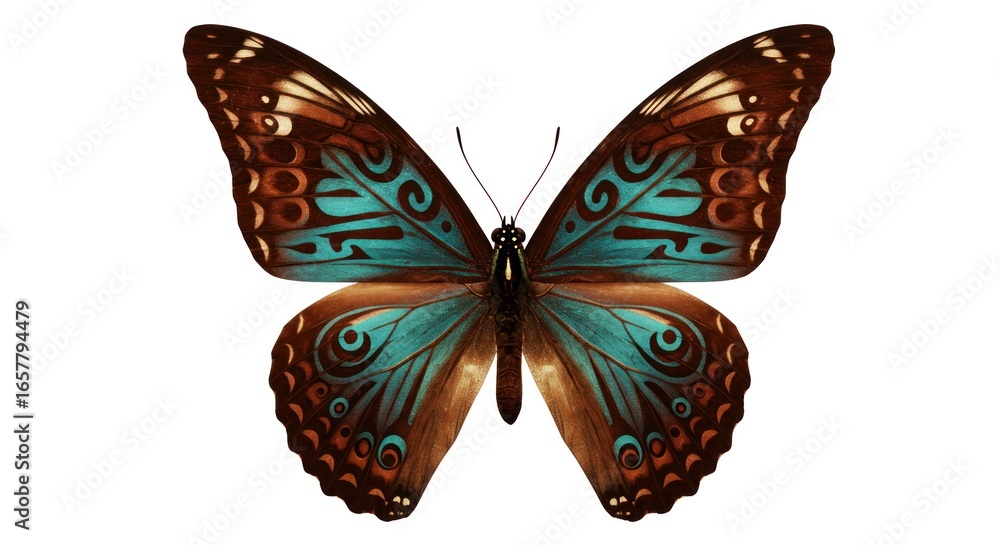Fototapeta premium A topdown view of a blue and brown butterfly with intricate wing patterns