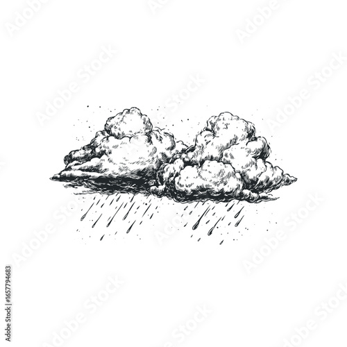 Hand Drawn Storm Clouds with Falling Rain Droplets