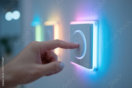 Woman's finger pressing smart light switch with colorful led trim in modern home