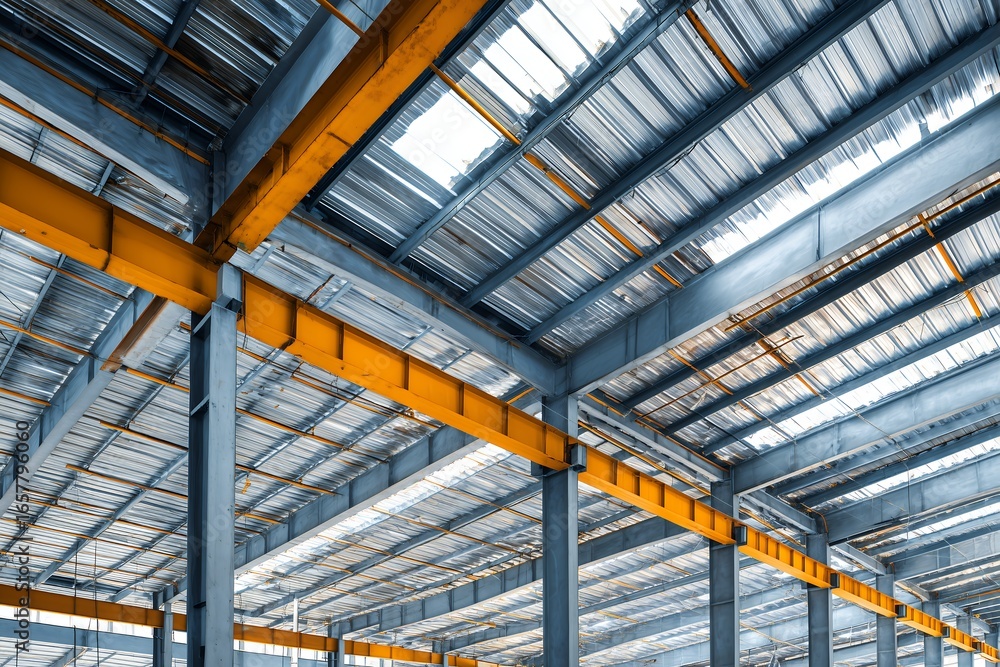 Obraz premium Interior view of a metal structure with yellow beams and corrugated steel roof, concept for industrial architecture, building construction and steel framework design