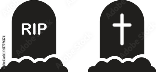 Grave tombstone icons set in flat styles. Headstone collection and cemetery group. RIP symbol, burial monument, funeral memorial, gothic graveyard illustration, death and religion vector.