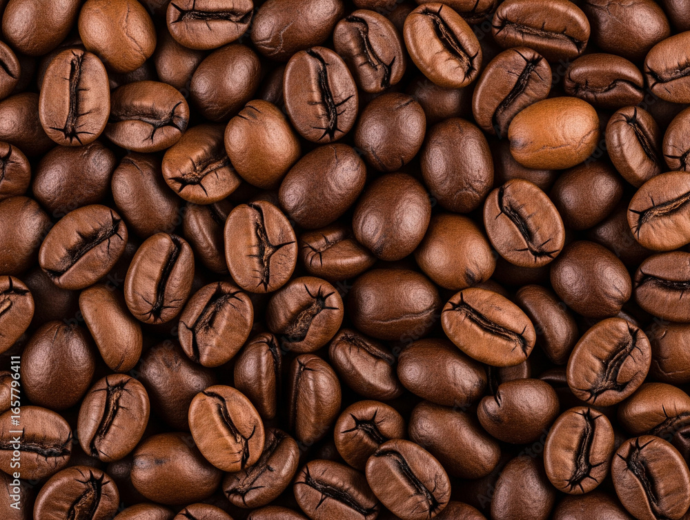 Naklejka premium Dark roasted coffee beans full of distinctive aroma tempting taste.