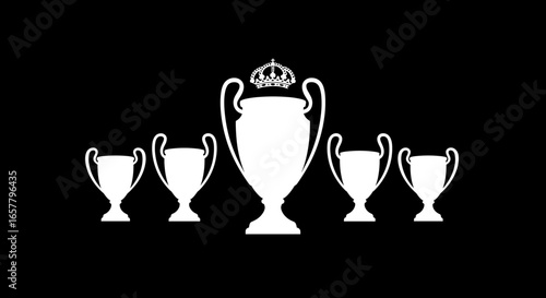 Silhouette of five trophies, with a large central cup and a crown, representing football championship wins.