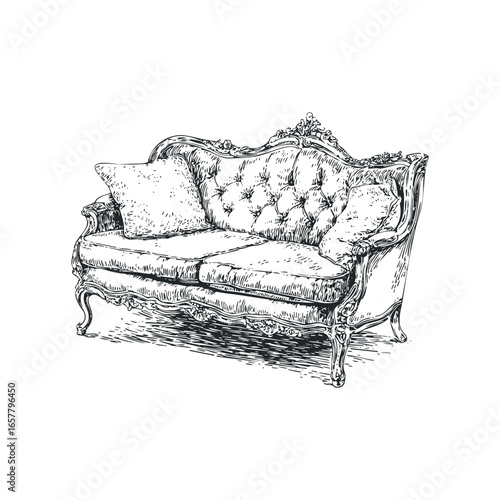 Ornate antique sofa with tufted cushions and decorative carvings