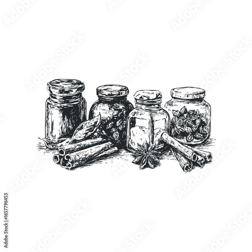 Collection of Various Spices in Glass Jars and Cinnamon Sticks