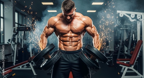 Muscular, athletic bodybuilder fitness model posing after exercises in the gym. Muscular athletic bodybuilder sport man posing after exercises over dramatic light in the gym and looking raised eyebrow