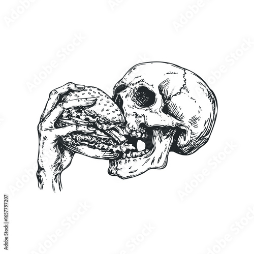 Hand holding hamburger to skull mouth in sketch style