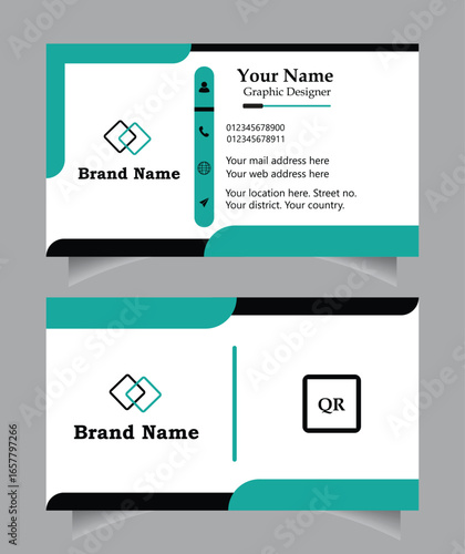 Modern business card design with teal accents and qr code