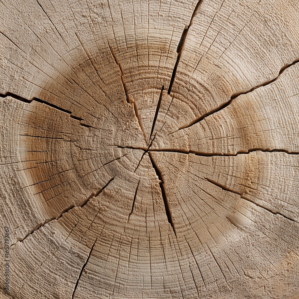 Fototapeta premium Close-up of a cross-section of tree trunk displaying growth rings and cracks, woodgrain visible. Concept for natural textures, background element and environmental studies