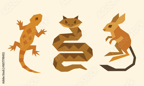 Geometric animal silhouettes lizard raccoon and coiled snake on cream