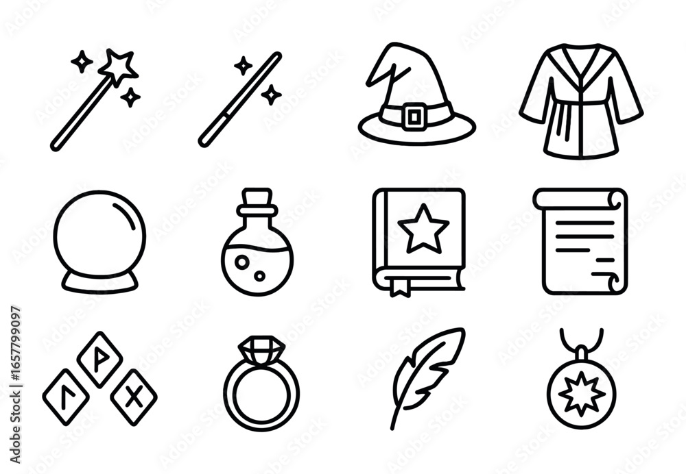 Obraz premium Wizard Tools Icons. Outline icon set of wizard tools: magic staff, wand, hat, robe, crystal ball, potion, book