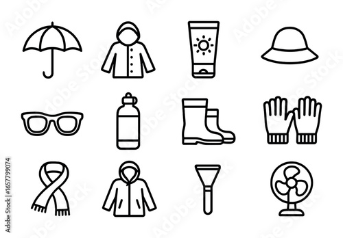 Weather Essentials Icons. Outline icon set of moving day weather essentials: umbrella, raincoat, sunscreen,