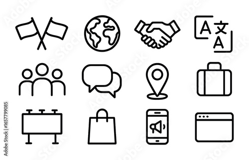 Multicultural Branding Icons. Outline icon set of multicultural branding: flags, globe, handshake, translation