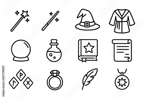 Wizard Tools Icons. Outline icon set of wizard tools: magic staff, wand, hat, robe, crystal ball, potion, book
