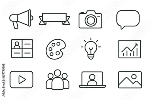 Visual Campaign Icons. Outline icon set of visual campaign storytelling: megaphone, banner, camera, speech