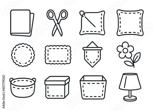 Felt Craft Icons. Outline icon set of creating unique home accessories from felt: felt sheet, scissors, needle