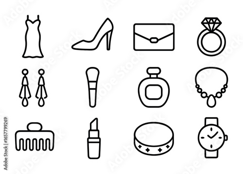Red Carpet Icons. Outline icon set of red carpet influencer looks: evening gown, heels, clutch, diamond ring,