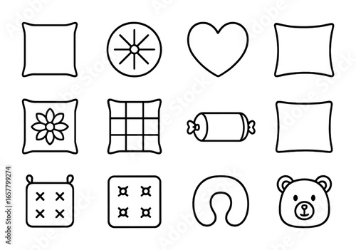 Cushions Icon Set. Outline icon set of felt cushions and pillows: cushion cover, round pillow, heart pillow,