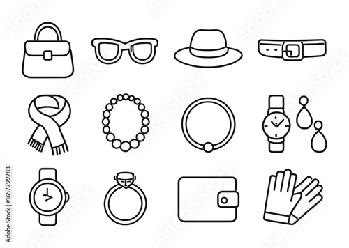 Fashion Accessory Icons. Outline icon set of fashion accessories: handbag, sunglasses, hat, belt, scarf,